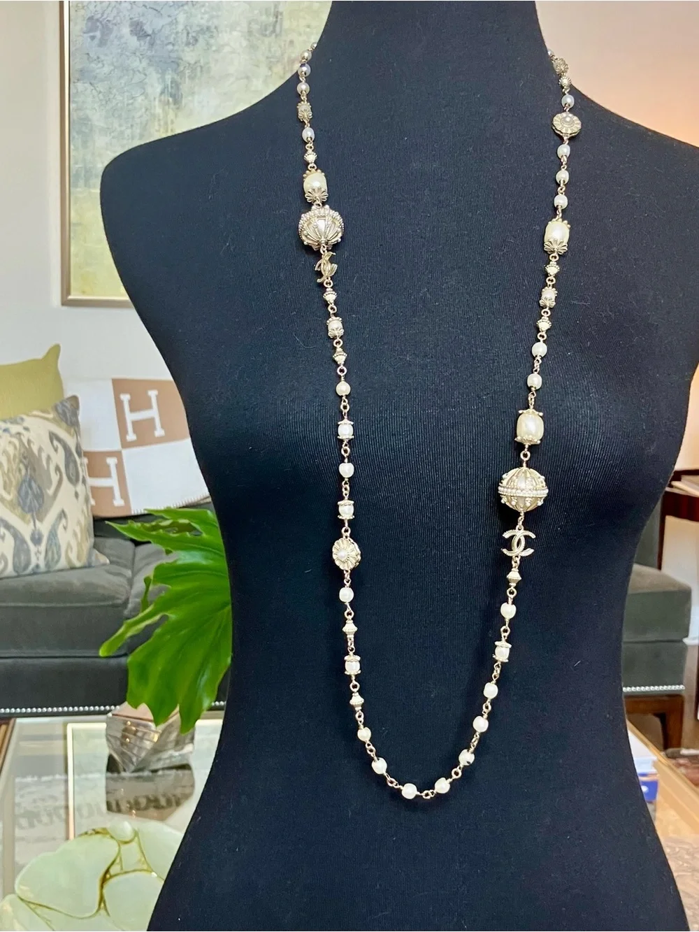 CHANEL 2021 Byzantine Gold-Tone Necklace with Pearl Stations and CC Accents
